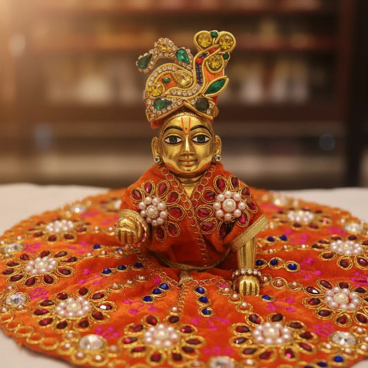 Premium Orange Velvet Dress for Ladoo Gopal Ji – Heavy Stone Floral Embroidered Poshak