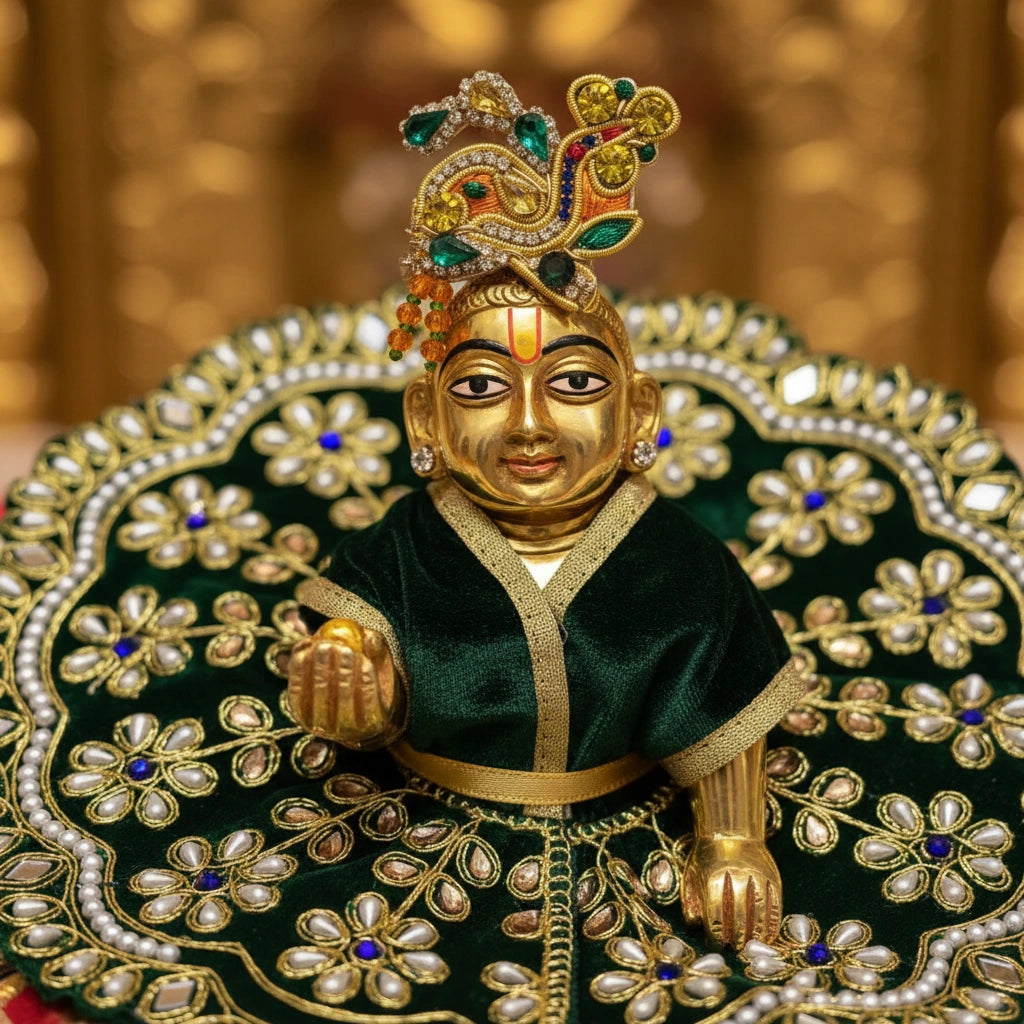 Heavy Stone Embroidered Green Velvet Poshak  for Ladoo Gopal Ji