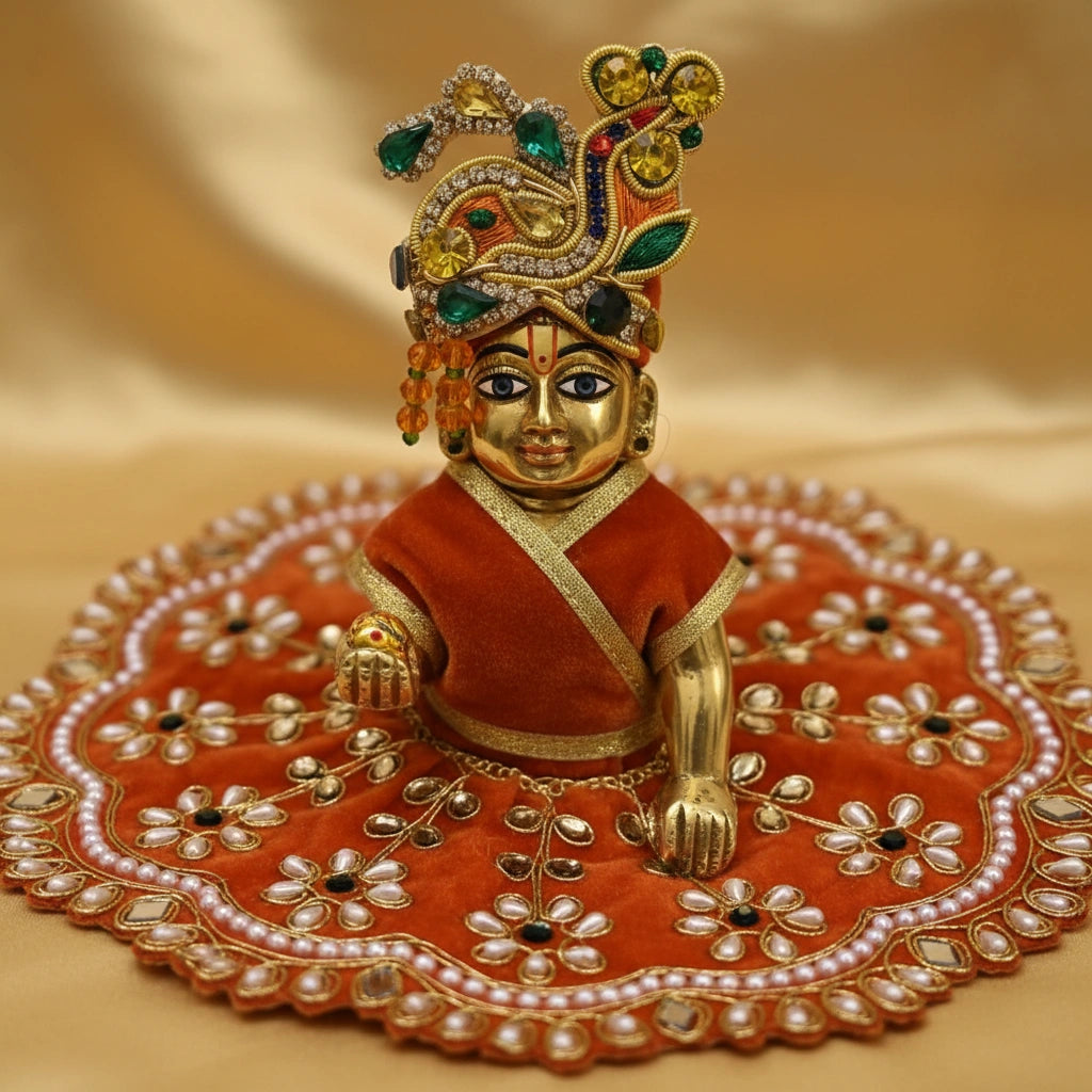 Heavy Stone Embroidered Orange Velvet Poshak  for Ladoo Gopal Ji