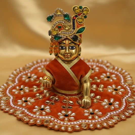 Heavy Stone Embroidered Orange Velvet Poshak  for Ladoo Gopal Ji