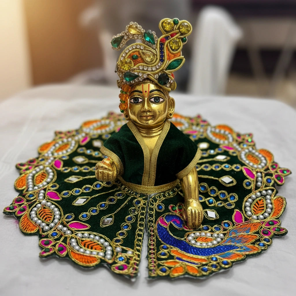 Green Designer Peacock Velvet Poshak for Thakur Ji – Heavy Embroidered Dress