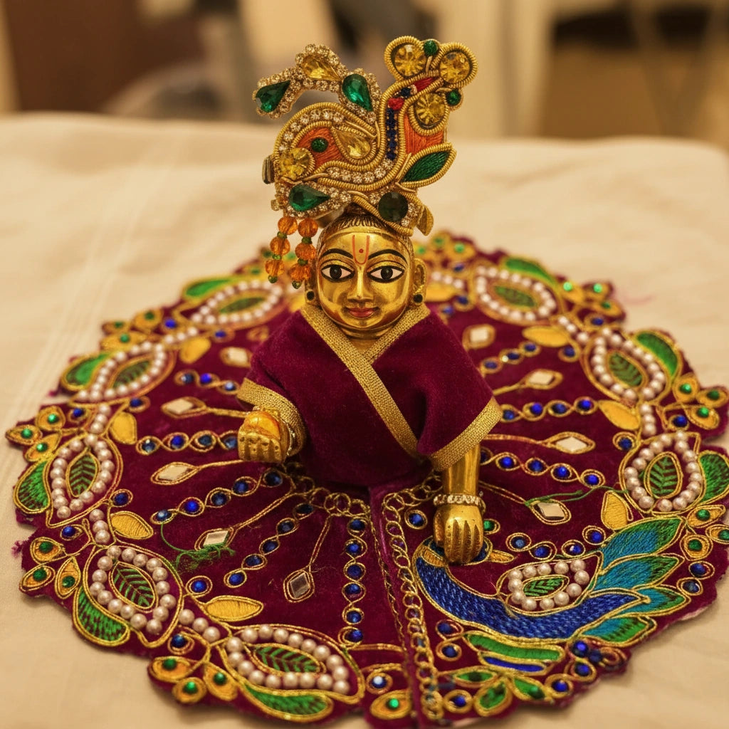 Maroon Designer Peacock Velvet Poshak for Thakur Ji – Heavy Embroidered Dress