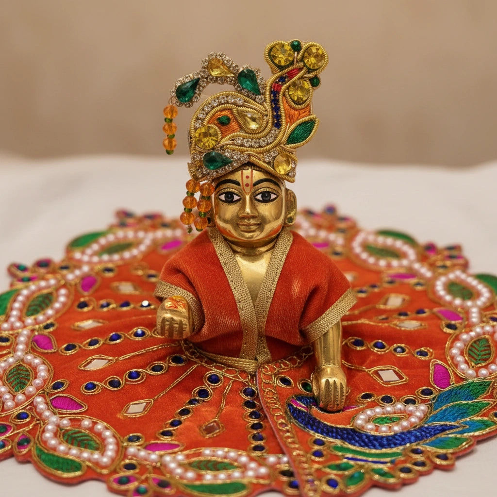 Orange Velvet Poshak for Thakur Ji – Designer Peacock Heavy Embroidered Dress