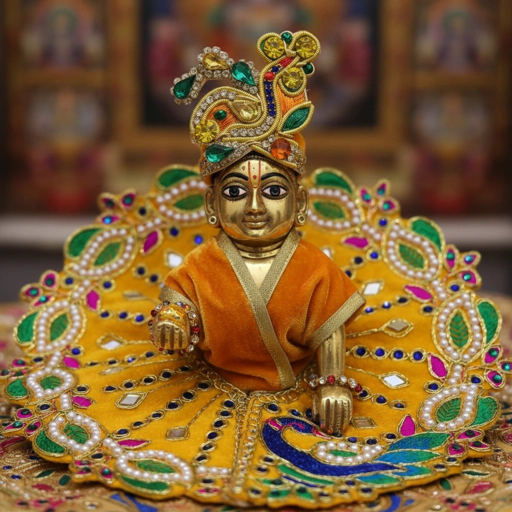 Yellow Velvet Poshak for Thakur Ji – Designer Peacock Heavy Embroidered Dress