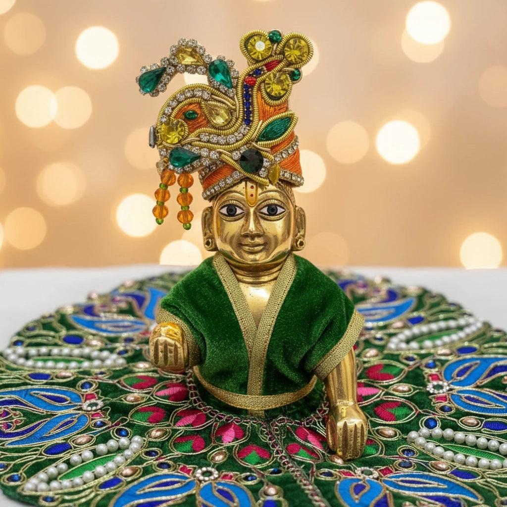 Classic Emerald Green Poshak for Ladoo Gopal Ji – Velvet Peacock Embroidered Poshak