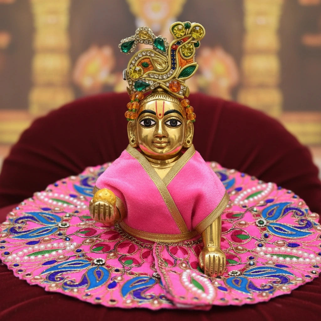 Classic Pink Poshak for Ladoo Gopal Ji – Velvet Peacock Embroidered Poshak