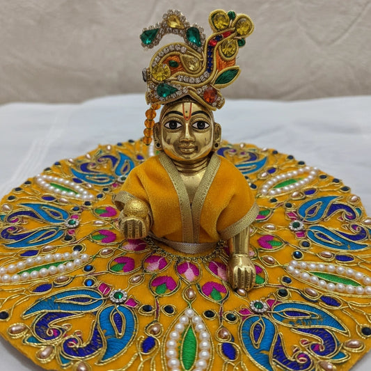 Classic Yellow Poshak for Ladoo Gopal Ji – Velvet Peacock Embroidered Poshak