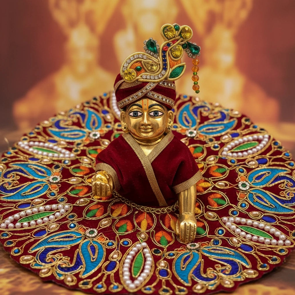 Classic Red Poshak for Ladoo Gopal Ji – Velvet Peacock Embroidered Poshak