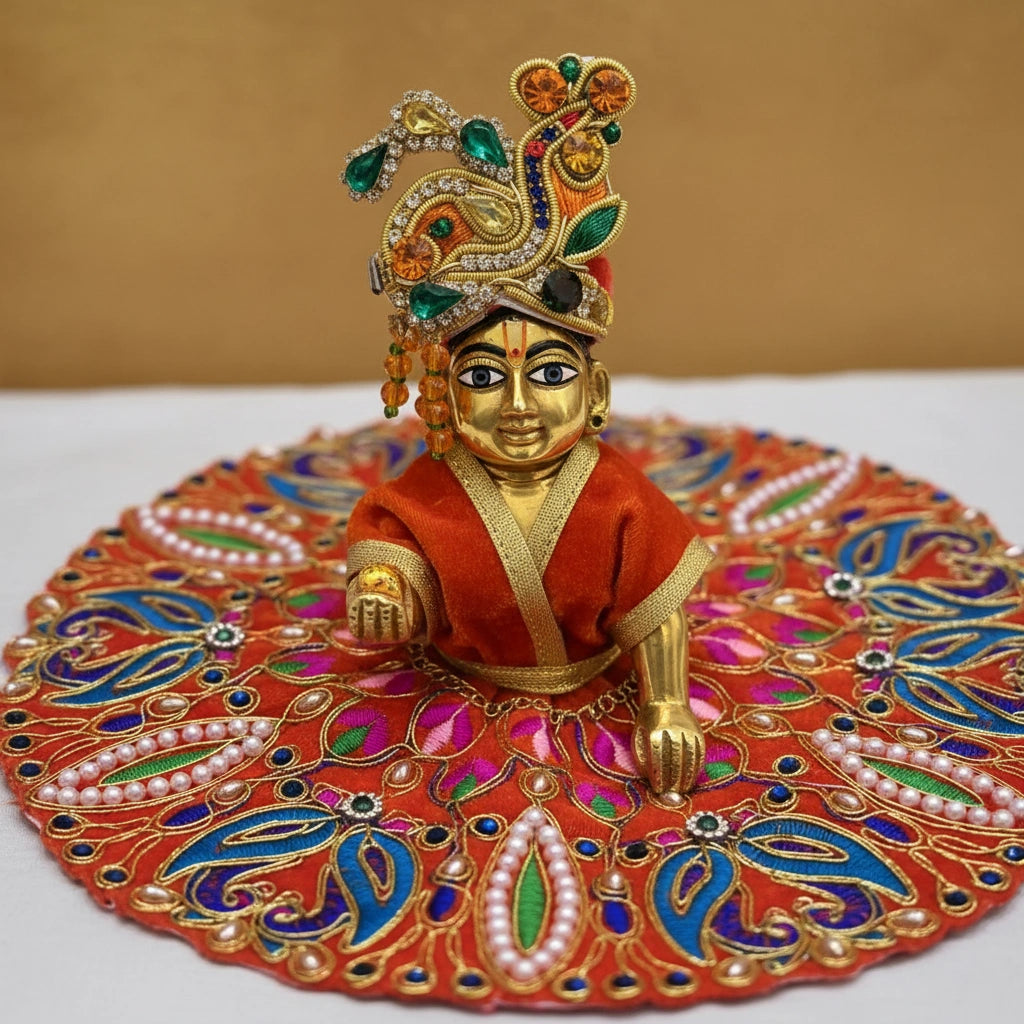 Classic Orange Poshak  for Ladoo Gopal Ji – Velvet Peacock Embroidered Poshak