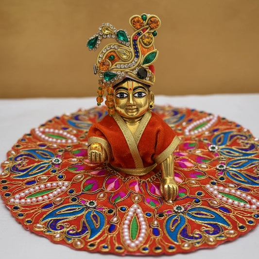 Classic Orange Poshak  for Ladoo Gopal Ji – Velvet Peacock Embroidered Poshak