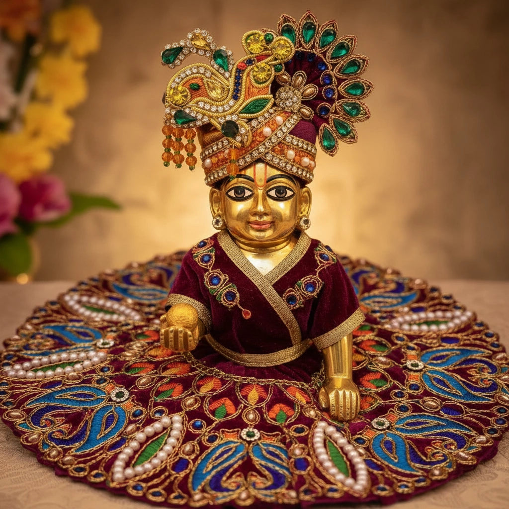 Classic Maroon Poshak for Ladoo Gopal Ji – Velvet Peacock Embroidered Poshak