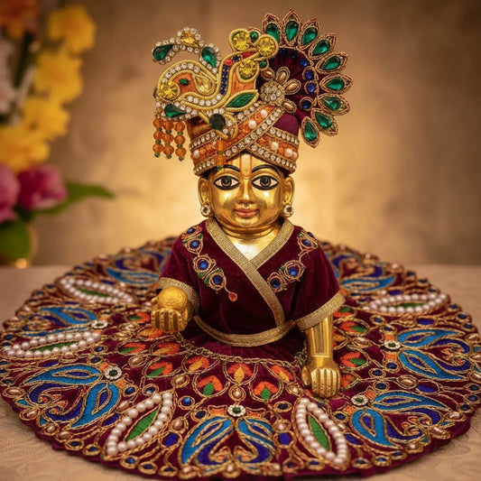 Classic Maroon Poshak for Ladoo Gopal Ji – Velvet Peacock Embroidered Poshak