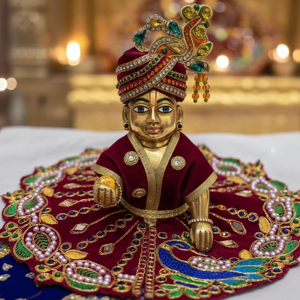 Red Velvet Poshak for Thakur Ji – Designer Peacock Heavy Embroidered Dress