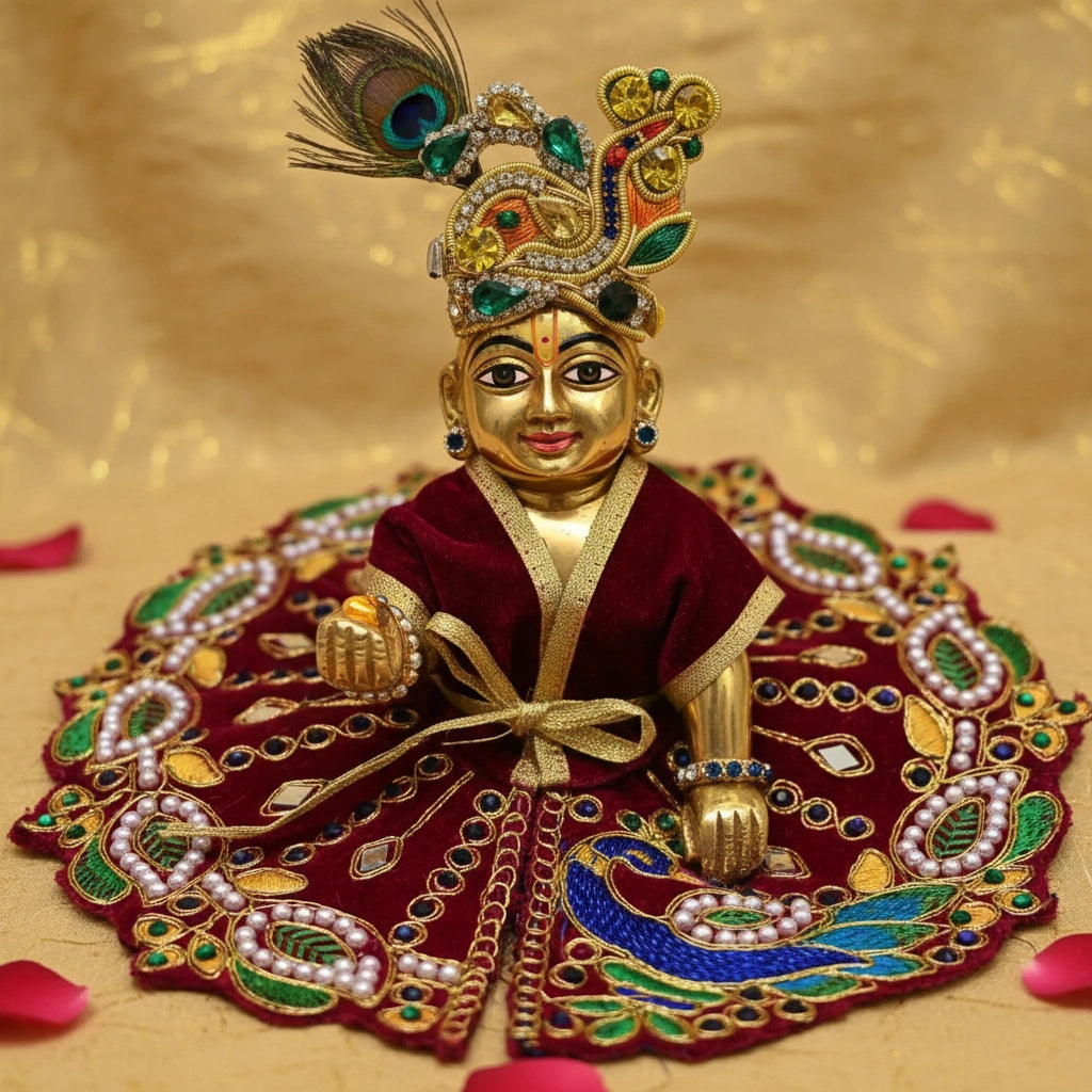 Red Velvet Poshak for Thakur Ji – Designer Peacock Heavy Embroidered Dress