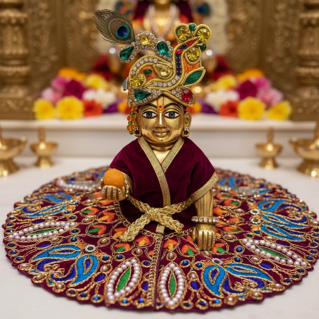 Classic Maroon Poshak for Ladoo Gopal Ji – Velvet Peacock Embroidered Poshak