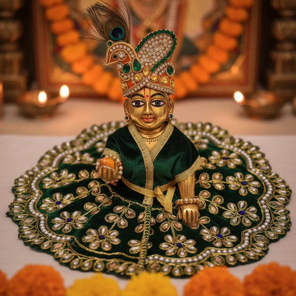 Heavy Stone Embroidered Green Velvet Poshak  for Ladoo Gopal Ji