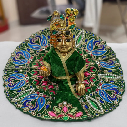 Classic Emerald Green Poshak for Ladoo Gopal Ji – Velvet Peacock Embroidered Poshak