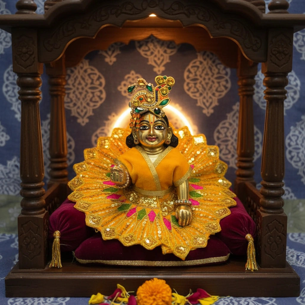 Ladoo Gopal Poshak Yellow Velvet Peacock Poshak | Krishna Ji Warm Shringar