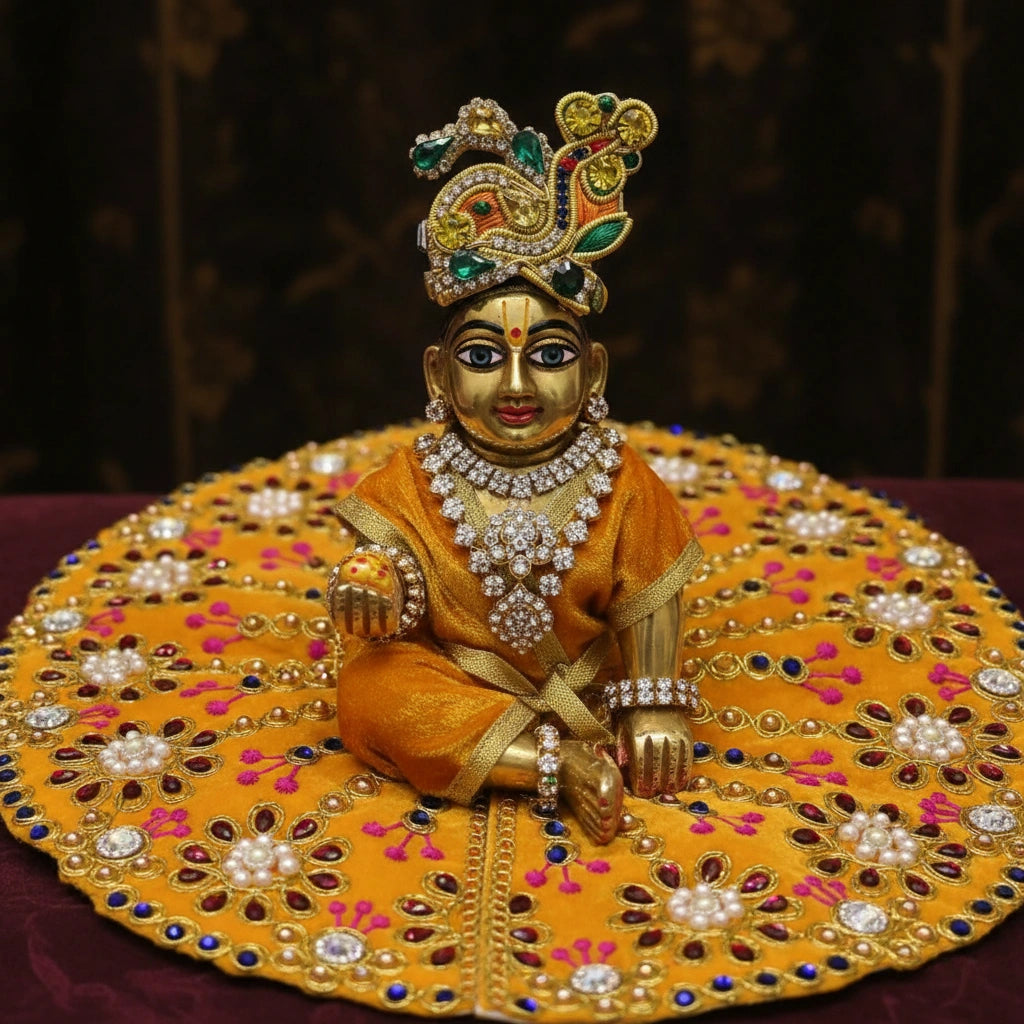 Premium Yellow Velvet Dress for Ladoo Gopal Ji – Heavy Stone & Floral Embroidered Poshak