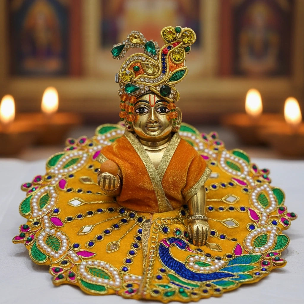 Yellow Velvet Poshak for Thakur Ji – Designer Peacock Heavy Embroidered Dress