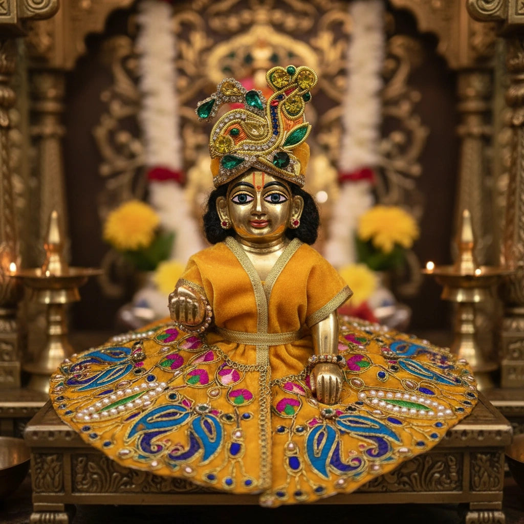 Classic Yellow Poshak for Ladoo Gopal Ji – Velvet Peacock Embroidered Poshak