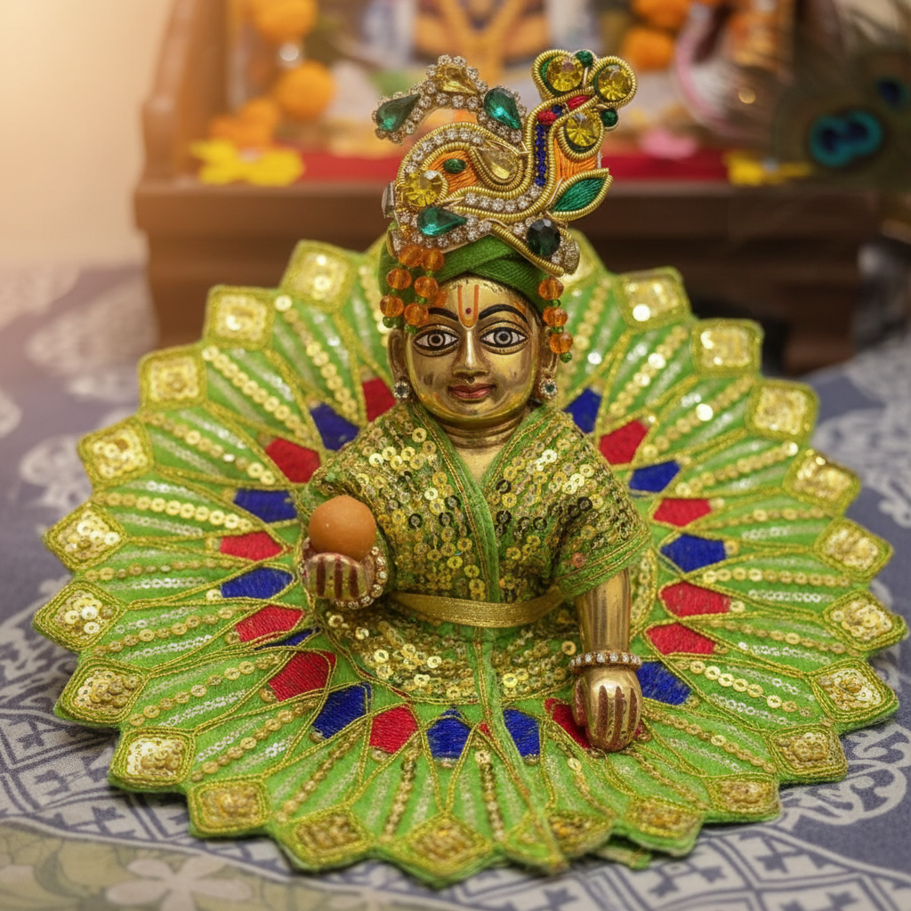 Ladoo Gopal Poshak Green Velvet Peacock Poshak | Krishna Ji Warm Shringar