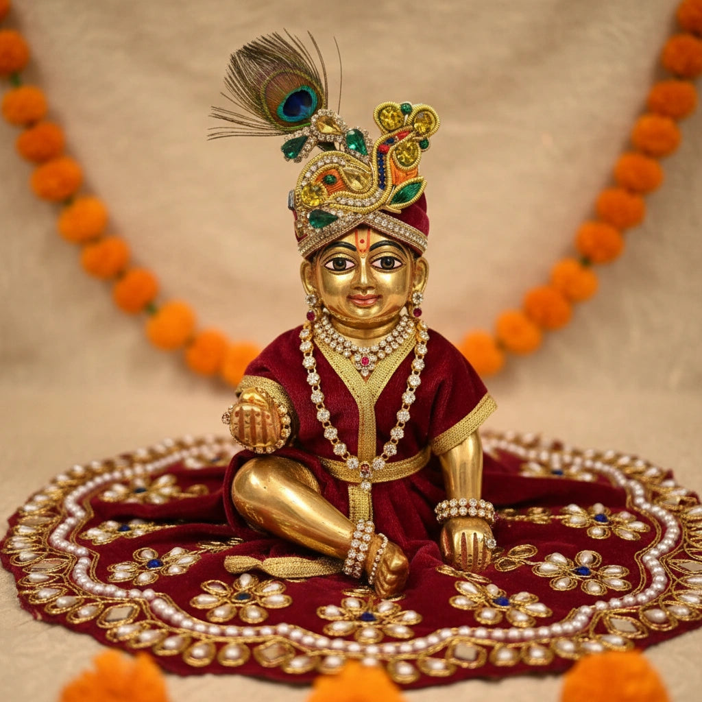 Heavy Stone Embroidered Red Velvet Poshak  for Ladoo Gopal Ji