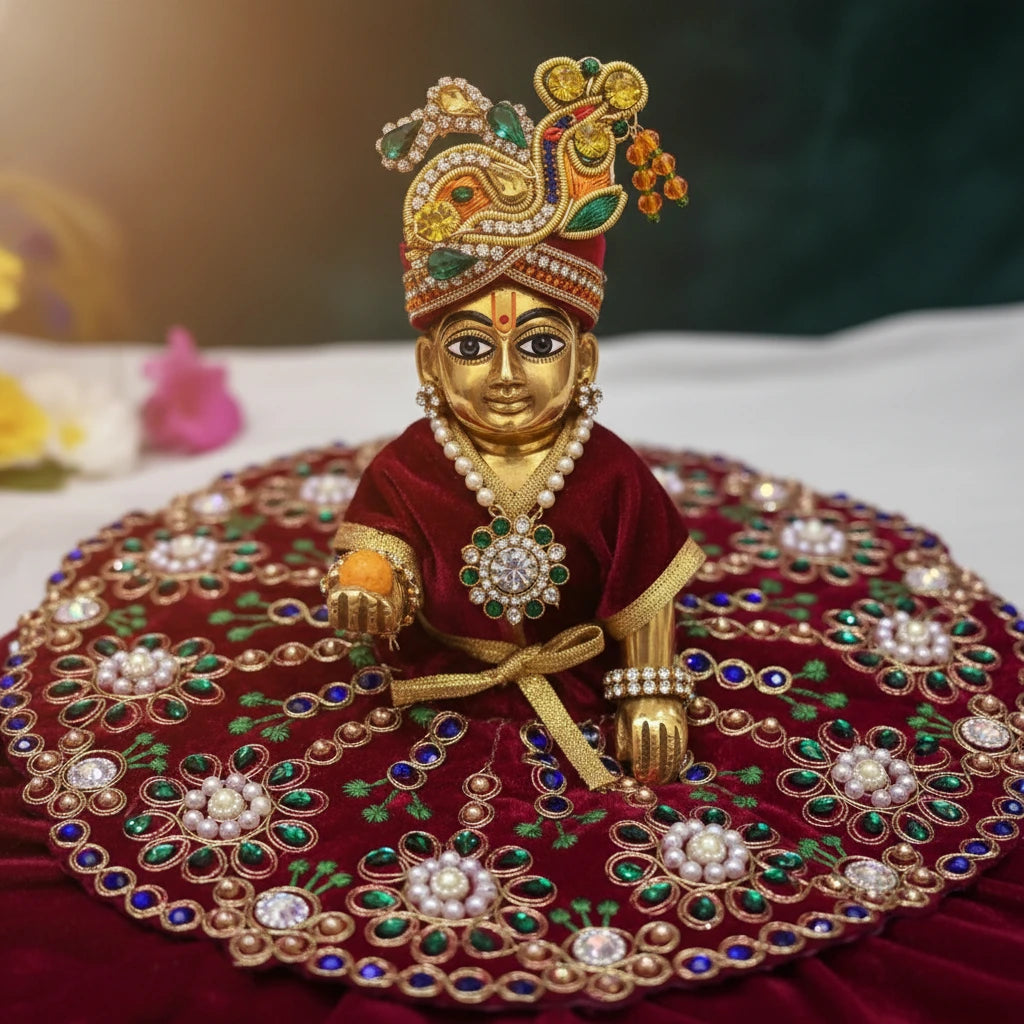Premium Red Velvet Dress for Ladoo Gopal Ji – Heavy Stone & Floral Embroidered Poshak