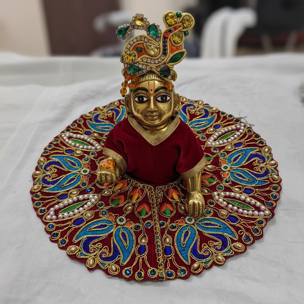 Classic Red Poshak for Ladoo Gopal Ji – Velvet Peacock Embroidered Poshak