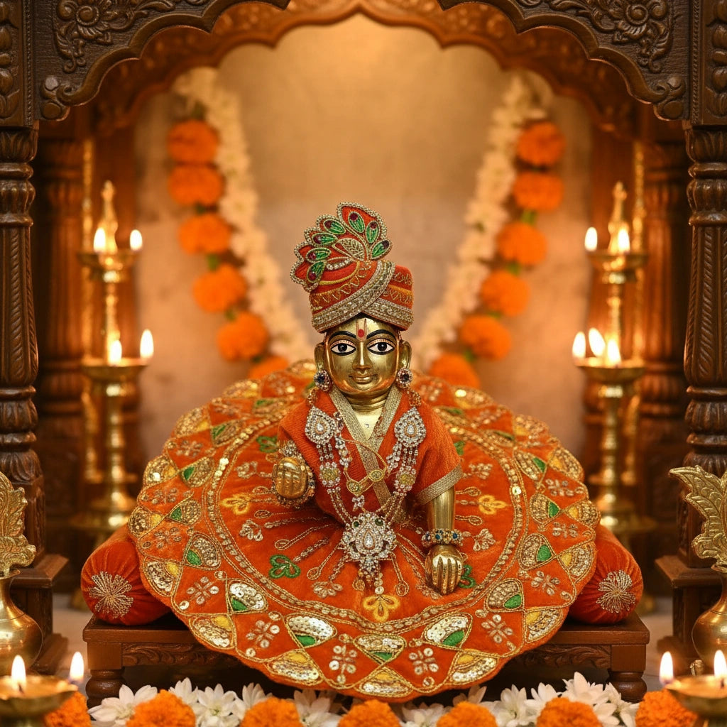 Orange (Kesariya) Heavy Sequin Work Laddu Gopal Poshak with Velvet Fabric | Designer Embroidered Dress