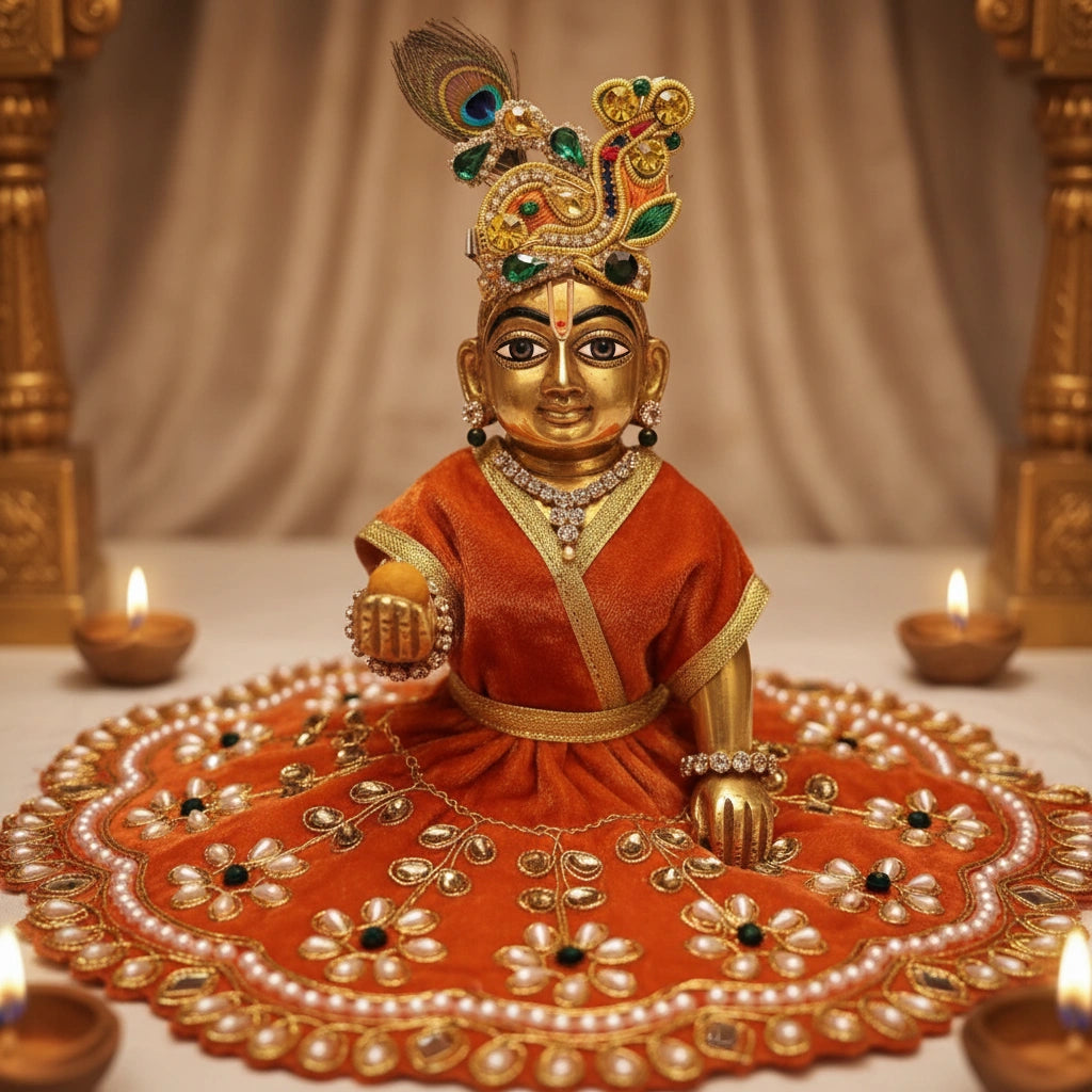 Heavy Stone Embroidered Orange Velvet Poshak  for Ladoo Gopal Ji