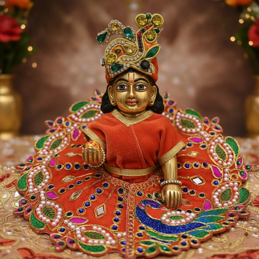 Orange Velvet Poshak for Thakur Ji – Designer Peacock Heavy Embroidered Dress