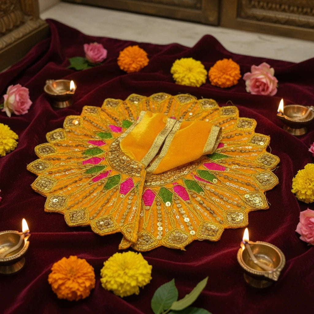 Ladoo Gopal Poshak Yellow Velvet Peacock Poshak | Krishna Ji Warm Shringar