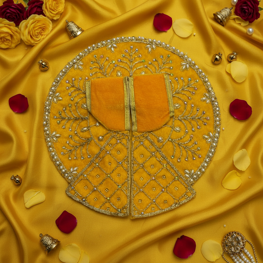 Premium Yellow Velvet Laddu Gopal Ji Poshak | Handcrafted Krishna Dress with Pearl & Stone Embroidery