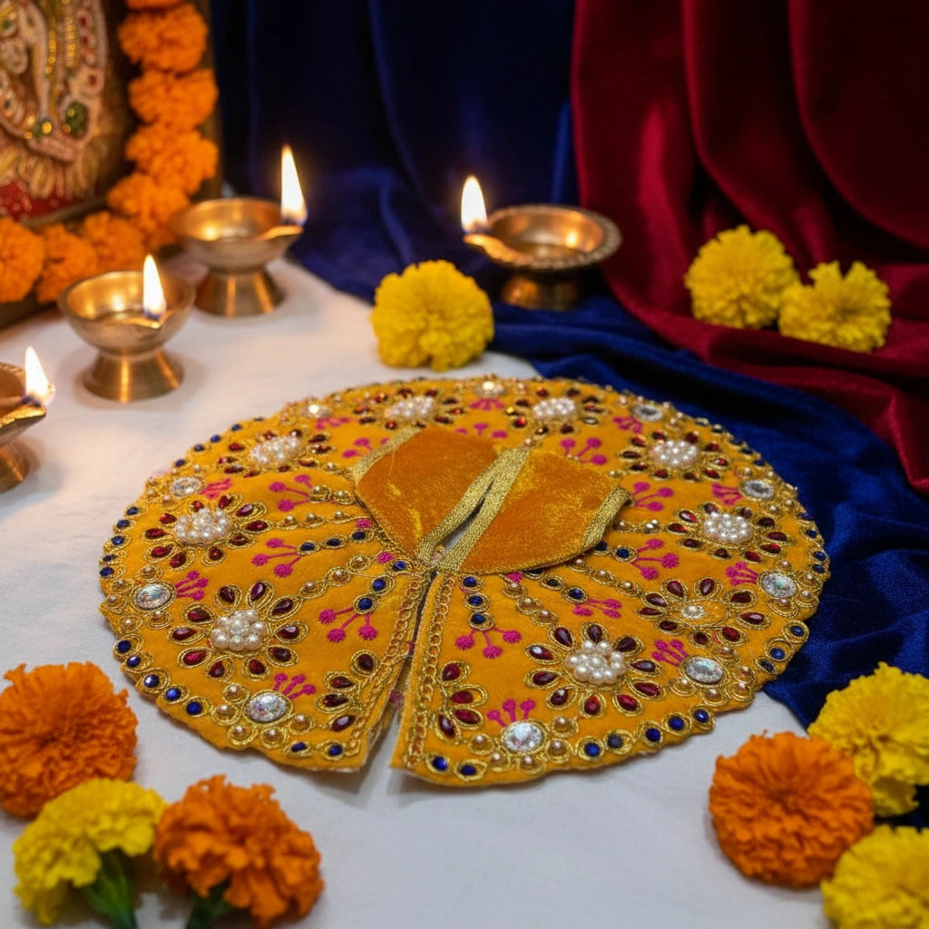 Premium Yellow Velvet Dress for Ladoo Gopal Ji – Heavy Stone & Floral Embroidered Poshak