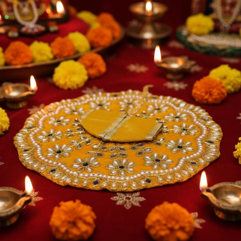 Heavy Stone Embroidered Yellow Velvet Poshak for Ladoo Gopal Ji