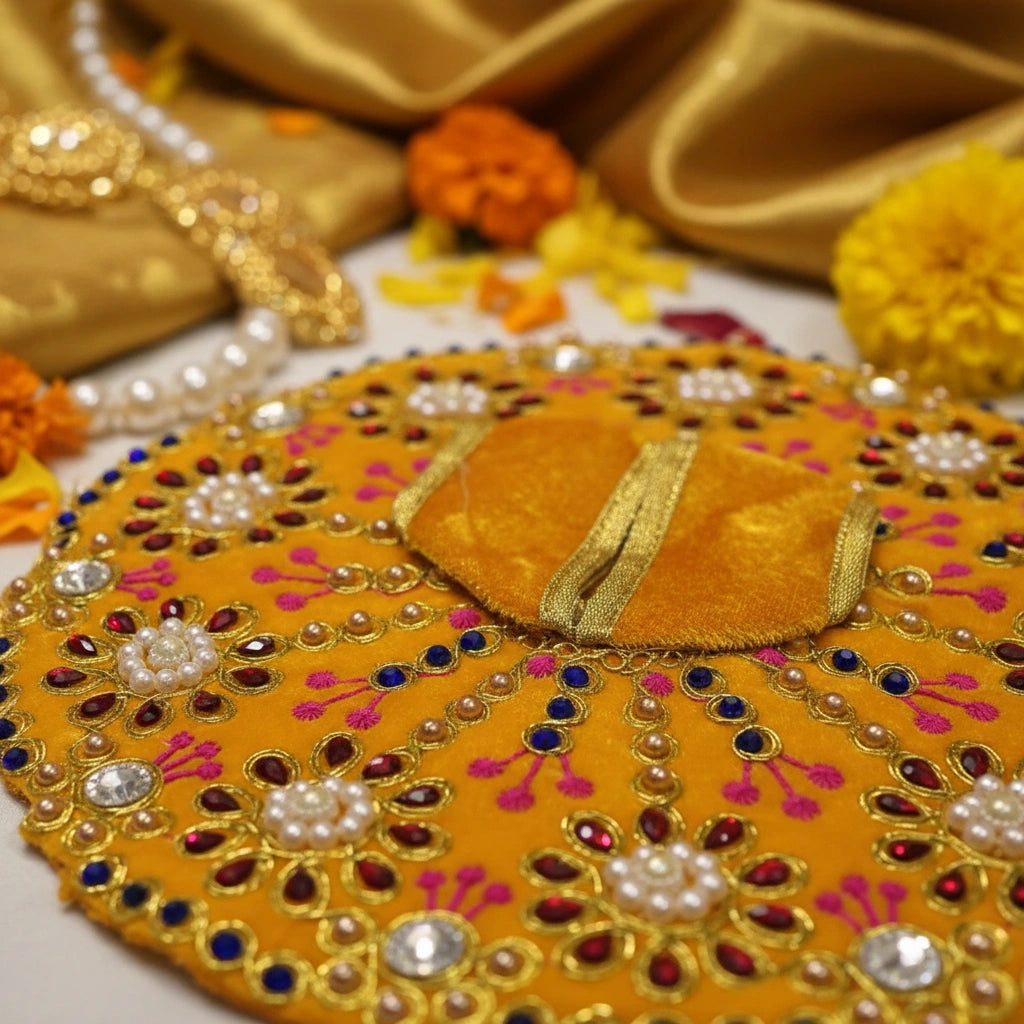 Premium Yellow Velvet Dress for Ladoo Gopal Ji – Heavy Stone & Floral Embroidered Poshak