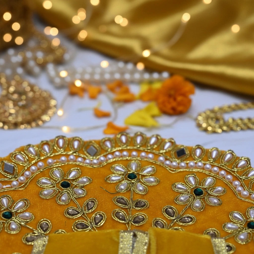 Heavy Stone Embroidered Yellow Velvet Poshak for Ladoo Gopal Ji