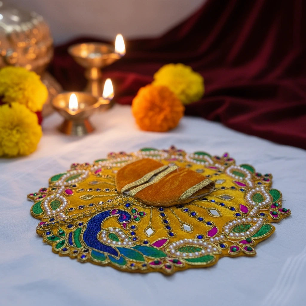 Yellow Velvet Poshak for Thakur Ji – Designer Peacock Heavy Embroidered Dress