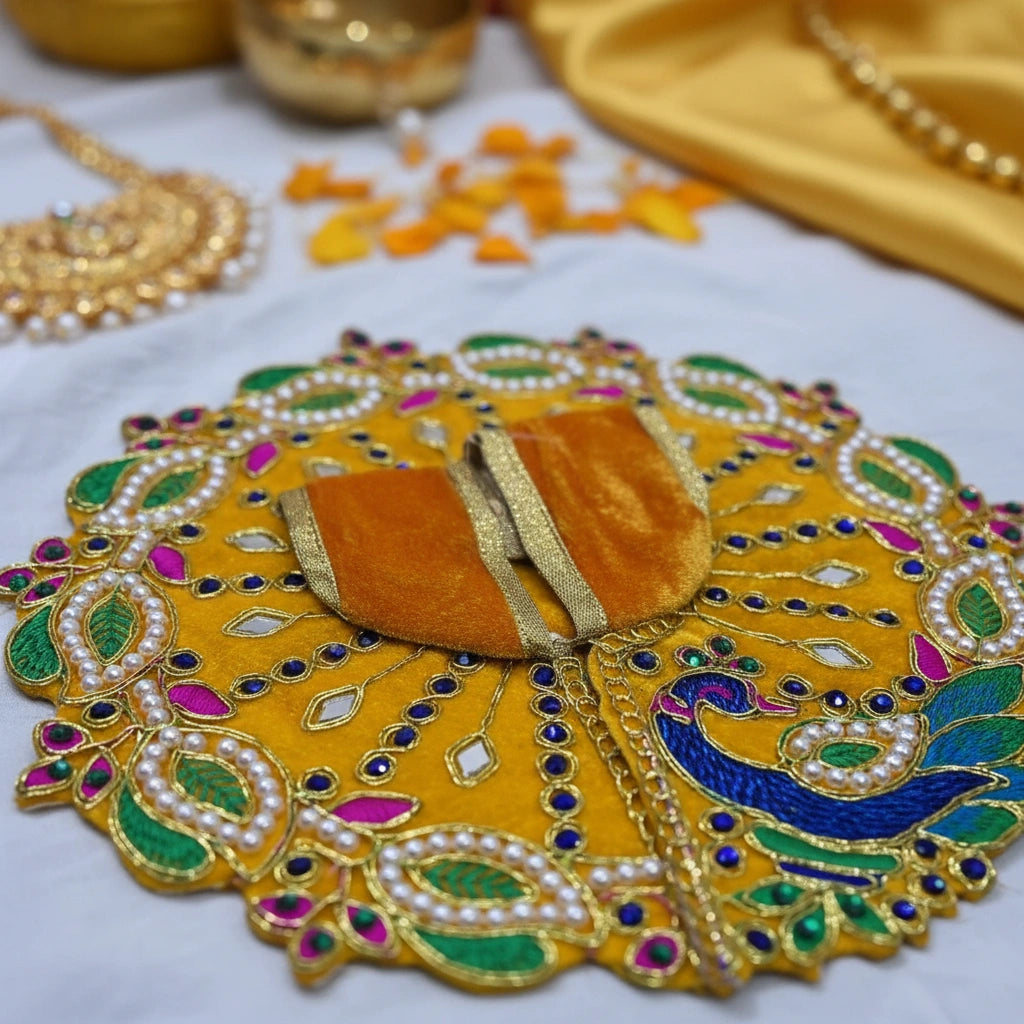 Yellow Velvet Poshak for Thakur Ji – Designer Peacock Heavy Embroidered Dress