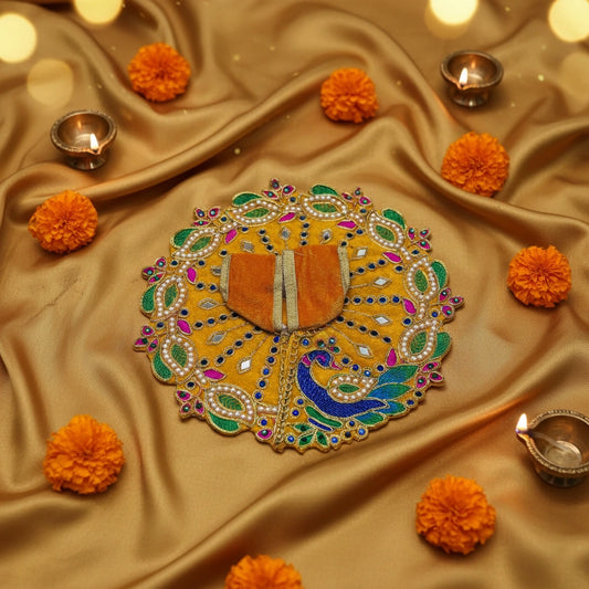 Yellow Velvet Poshak for Thakur Ji – Designer Peacock Heavy Embroidered Dress