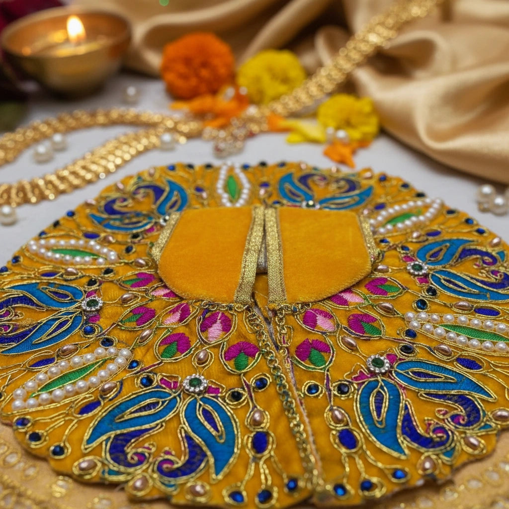 Classic Yellow Poshak for Ladoo Gopal Ji – Velvet Peacock Embroidered Poshak
