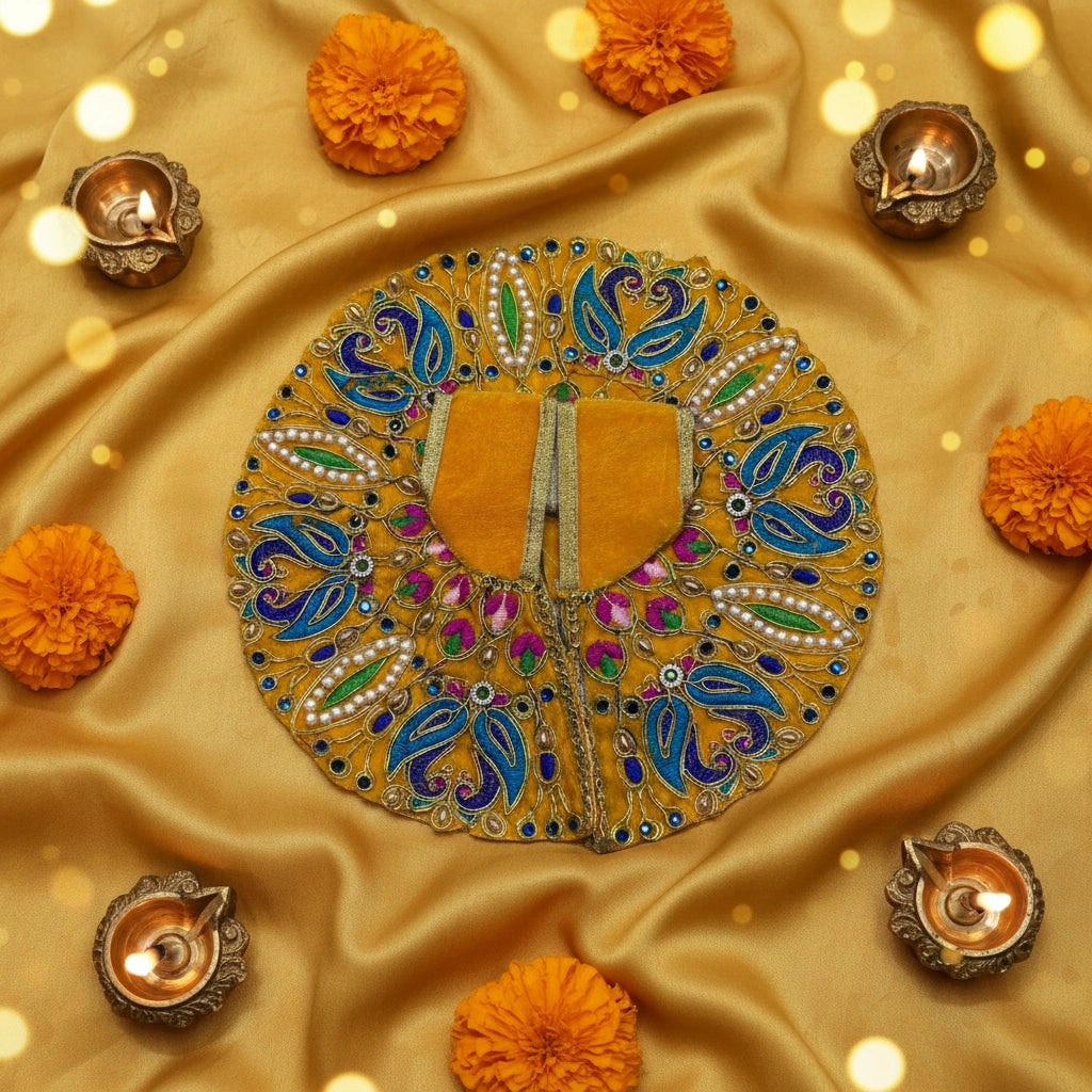 Classic Yellow Poshak for Ladoo Gopal Ji – Velvet Peacock Embroidered Poshak