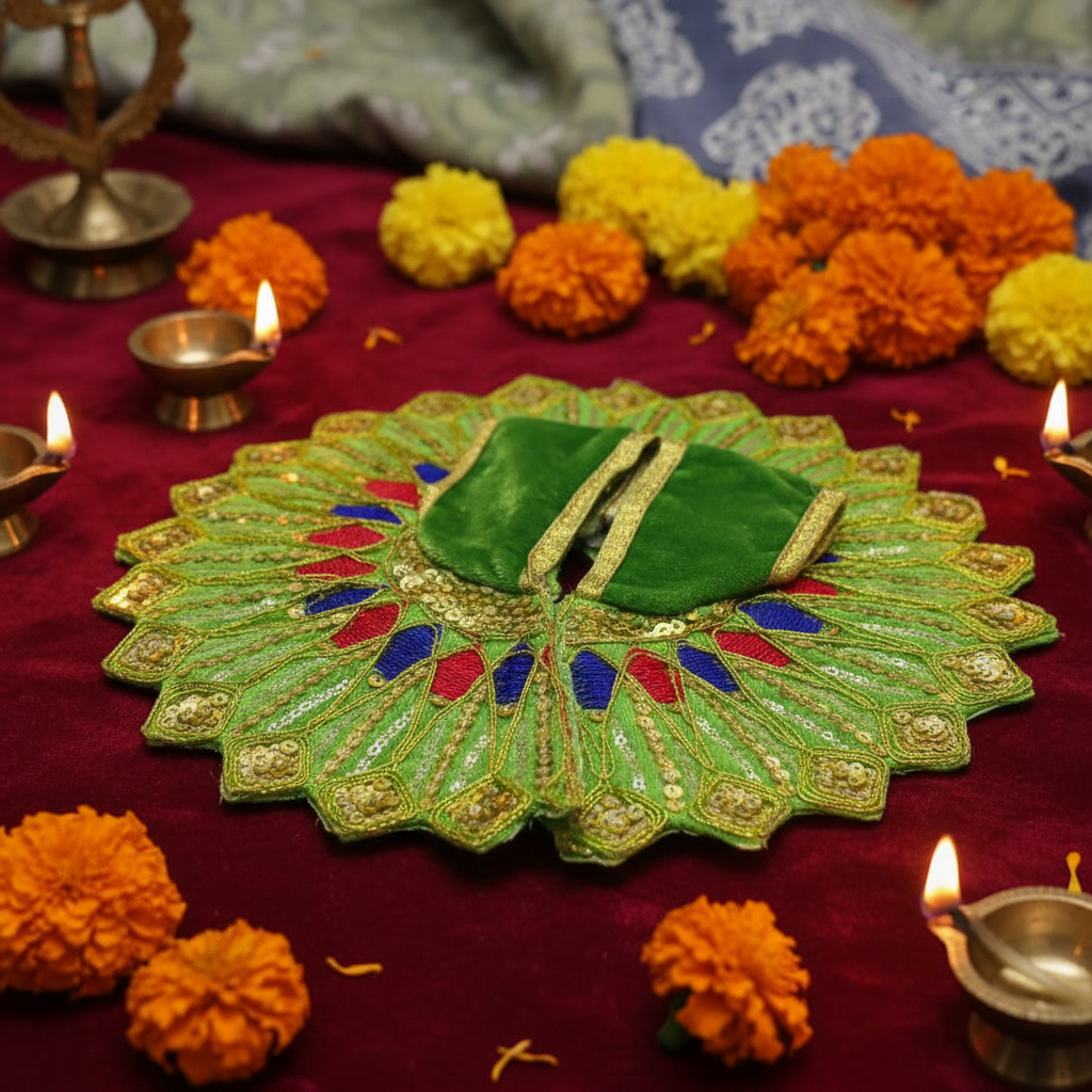 Ladoo Gopal Poshak Green Velvet Peacock Poshak | Krishna Ji Warm Shringar