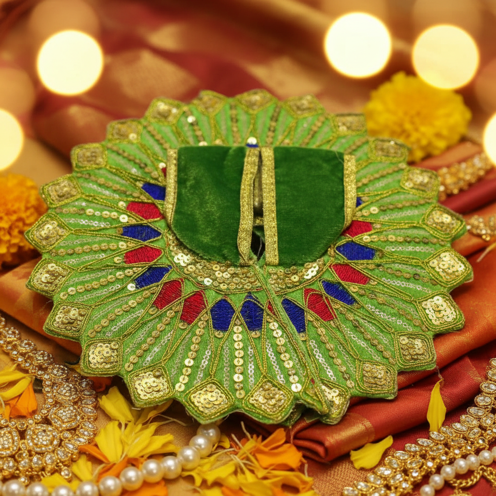 Ladoo Gopal Poshak Green Velvet Peacock Poshak | Krishna Ji Warm Shringar