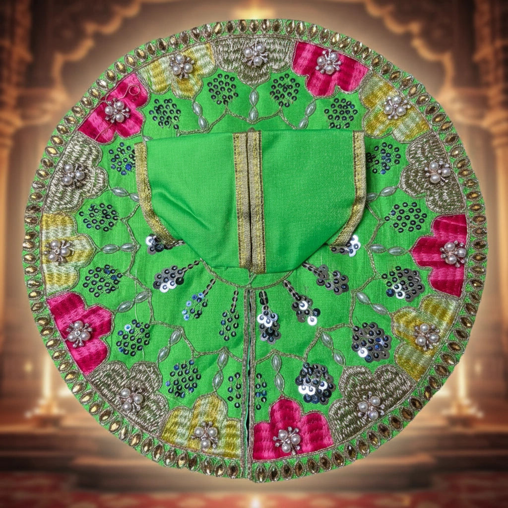 Green Multicolor Laddu Gopal Ji Summer Poshak – Floral Zari Handwork Dress for Thakur Ji