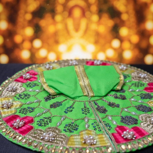 Green Multicolor Laddu Gopal Ji Summer Poshak – Floral Zari Handwork Dress for Thakur Ji