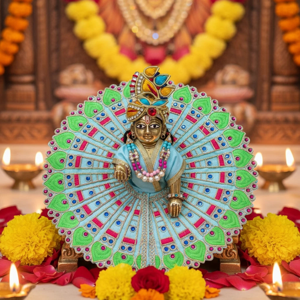 Sky Blue & Green Peacock Embroidered Laddu Gopal Ji Poshak