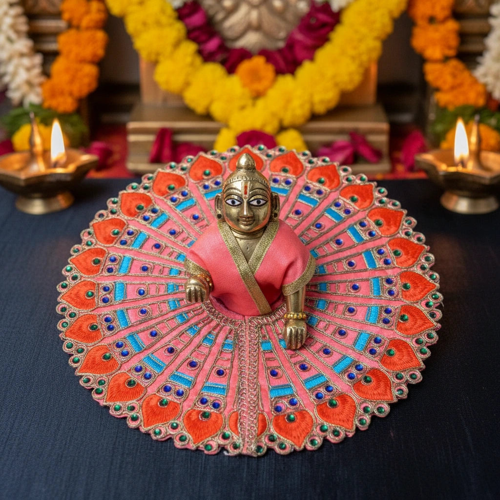 Pink & Orange Peacock Embroidered Laddu Gopal Ji Poshak