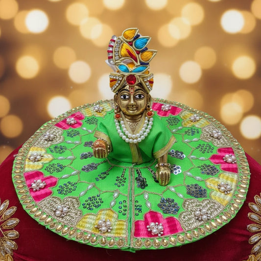 Green Multicolor Laddu Gopal Ji Summer Poshak – Floral Zari Handwork Dress for Thakur Ji